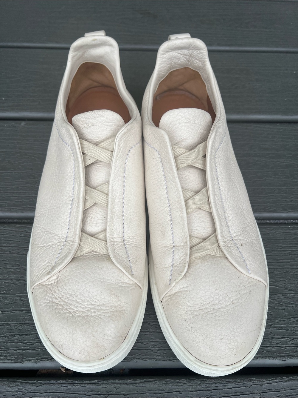 Zegna Men’s Cream Leather Slip-On Sneakers